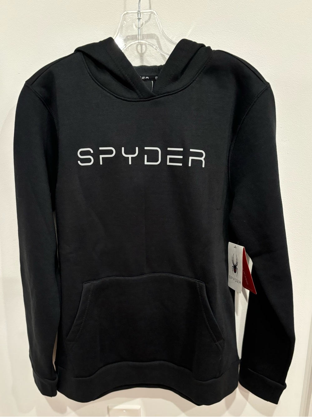 Spyder NEW Hooded Pullover Fleece Sweatshirt in Black Kangaroo Pocket Womens M
